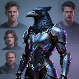 fantasy exoskeleton raven armor, artistically anthropomorphic black bird head with a visible beak. neon, science fiction, light, portrait by donato giancola and greg rutkowski and wayne barlow. artistic liberties 1 9 6 9