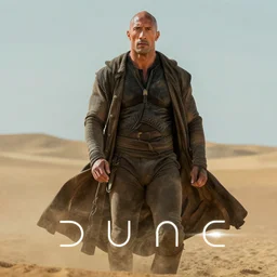 An epic cinematic film still of Dwayne Johnson in the movie Dune, directed by Denis Villeneuve.