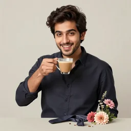 full body portrait, a guy having chai, happy, flowers, absurdly beautiful, elegant, realistic ultrafine hyperrealistic detailed face illustration by saul leiter, intricate linework, sharp focus, bright colors, matte, unreal engine highly rendered, global illumination, radiant light, intricate environment