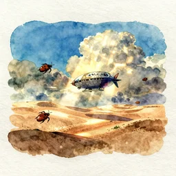 anime movie screenshot, paper texture, ( ( watercolor ) ) by ( ( ( ( yoshitaka amano ) ) ) ), by ghibli!!! nausicaa!!!, desert!!!!, rim light, dappled light, scenic, miyazaki, vibrant, dof, motion, airship, flying beetles