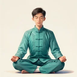 boy asian, meditating in lotus position, full body, frontal, teal uniform, intricate, elegant, highly detailed, artstation, sharp focus, illustration, ruan jia, mandy jurgens, rutkowski, mucha