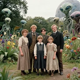 sharp, highly detailed, 16384k film, 12000mm film still from a sci fi blockbuster color movie made in 2019, set in 1860, of a family standing in a park, next to some strange alien plants and flowers, on an alien planet, the family are all wearing 1860s era clothes, good lighting, good photography, in focus