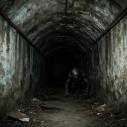 underground subway tunnel, dilapidated, ruins, creature lurking in the shadows with glowing eyes, dirty, scary, horror vibes, matte painting, flash photography, low angle photo