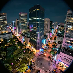 city, building, cars, neon lights, dystopia, park tree, people, happy town, close view of street, fish eye view lens ,  by Goro Fujita and Simon Stalenhag , 8k, trending on artstation, hyper detailed, cinematic