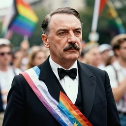 Mussolini at the gay pride, photograph, hyper detailed, award winning photograph, 8k