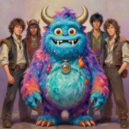 a radical psychedelic monster mascot character posing for a picture, digital painting, masterpiece by rembrandt and thomas kinkade and frank frazetta and kentaro miura, by reiq and tite kubo, stylized yet realistic faces and anatomy, advanced lighting technology, beautiful, gorgeous brush strokes