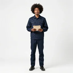 afro-haired postman with letters, photorealistic portrait photography, full body, standing, isolated on a pure white background, centered, whole figure in frame, sharp focus, studio lighting