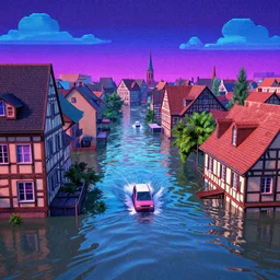 80s vaporwave outrun 3d Render of a german town being flooded liminal space retro grainy noisy