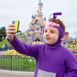 mark zuckerberg as a teletubby taking a selfie in front of disneyland france