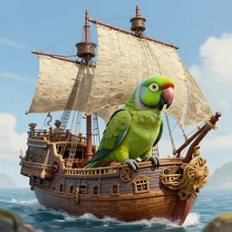 a green parrot in a small pirate ship, texture, intricate, details, highly detailed, masterpiece, architecture, building, trending on artstation, focus, sharp focus, concept art, digital painting, fantasy, sunny, day, midday