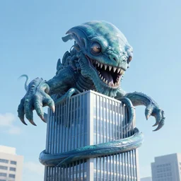 A very giant Kraken-like multi-eyed monster jumped up with its jaws on a high-rise office building and wrapped his tentacles all around him. High detail, front view, photorealism, concept art, octane render, zoom, architecture, sunset, raytracing, 8k