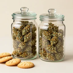 a cookie jar full of weed buds, and cookies next to the jar. fashion photography, hermes ad