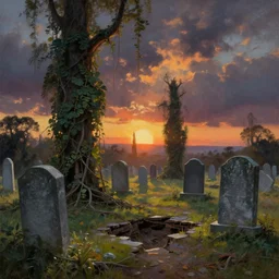 jungle vines, big graveyard gravestones, dramatic sky, ground broken, backlight, dramatic sunrise, oil painting landscape by frazetta