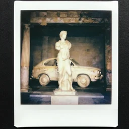 Polaroid photo of fragmented greek sculpture of a Car inside a temple