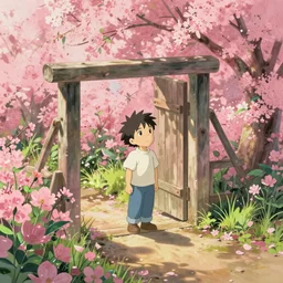 a square gate in pink flowers field, perspective, dappled light, looking up, studio ghibli, peter mohrbacher style, rendered in houdini. vfx, particles, magic, unreal hd artstation trending 8 k, epic composition