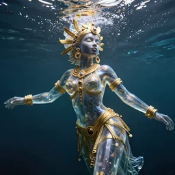 hyperrealistic cinematic half underwater scene very expressive! translucent elegant african goddess full body, gold jewerly, highly detailed face, digital art masterpiece, aykut aydogdu zener, dramatic volumetric light, long shot, low angle uhd 8 k, sharp focus