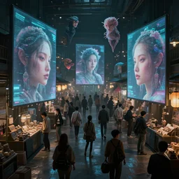 a cyberpunk dark marketplace with heavy asian stylistic influences. the market place is where people come to buy and sell their dreams, they are doing this through machines that stick their faces in with large holographic projections of the creatures they dream of floating around the people. people are reveling in the delight of experience the highly surreal dreams of others. concept art, artstation, cinematic lighting, highly detailed, 8 k, sharp render