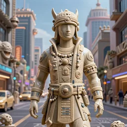 ceramic bounty hunter cyberpunk in tribal regalia, on the street under skyline buildings and streets, an idea seep's into infinity highly detailed 3 d in volumetric latent space, cinematic light, sharp focus, divine realm of gods, octane render,