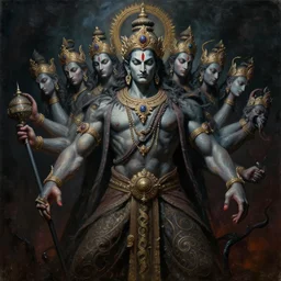 an award - winning cinematic masterpiece dark gothic portrait of mystical gothic colossal asura king ravan with ten heads from ramayan, tim hildebrandt, wayne barlowe, bruce pennington, zdzisław beksinski, benoit mandelbrot, oil on canvas, masterpiece, trending on artstation, featured on pixiv, cinematic composition, brilliant lighting, sharp, hyper - detailed, no frames, hd, 8 k