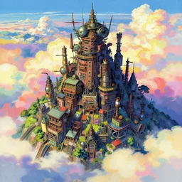 retro - futurism abandoned steam punk city on a mountain in colorful clouds with lots of details look from above, rule of thirds golden ratio, vibrant colors, fake detail, trending pixiv fanbox, acrylic palette knife, style of makoto shinkai studio ghibli genshin impact james gilleard greg rutkowski chiho aoshima