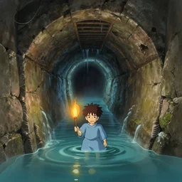 scene from studio ghibli's sewer adventures where the wizard stands in waist - deep water holding a torch in a long twisting sewer tunnel. underground, crumbling masonry, sewage falling from grates.
