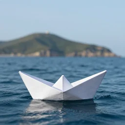 A paper boat on the Pacific Ocean, slightly showing the continent behind it, realistic