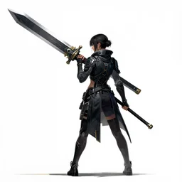 a woman carrying a super large sword behind her, she is holding a sword behind her back, cyberpunk art by maciej kuciara, cgsociety, space art, white background,, concept art, sci - fi