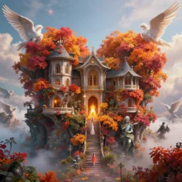 Hell and heaven, inter dimensional villa, a heart full of envy, The Autumn Plague Gardener, Some cosmic angels, cinematic, hyper realism, high detail, octane render, unreal engine, 8k, vibrant color, beautiful and thematically complex, smooth, its softness partakes of fluidity, biodiversity in a world of change and constancy, by deiv calviz and bossmonsterbani
