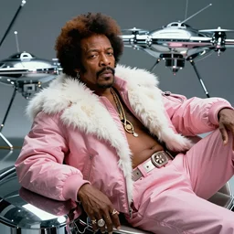 beautiful fantasy character portrait, miles davis, wearing pink puffy bomber jacket with white fur, seductive reclining pose, futuristic chrome drones, ultra realistic, dramatic lighting, robots, the fifth element artifacts, highly detailed by peter mohrbacher, hajime sorayama, wayne barlowe, boris vallejo, aaron horkey, gaston bussiere, craig mullins