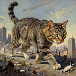 gigantic cat walking on apocalyptic city, very detailed fine art, top of pinterest, trend of artistation, style of ( ( kadinski ) ) greg rutkowski and ilia kuvshinov