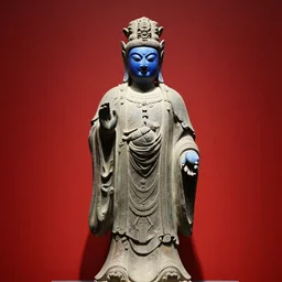 a statue representing an ancient divinity, red background, blue character