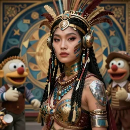 hyper realistic photography portrait of postapocalyptic cyberpunk asian cyborg tribal warrior amazon cinematic, muppet show, brom, mucha, moebius juan gimenez artstation, cgsociety