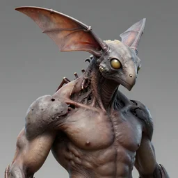 game concept art, muscular, exoskeleton, chiroptera head, chiroptera ears, isopod, hyperrealism, fine detail, artstation, cgsociety, zbrush, no background