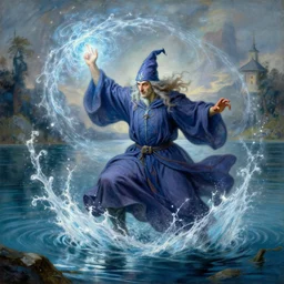 attractive male wizard casting powerful water spell in a beautiful lake. highly detailed painting by gaston bussiere, craig mullins, j. c. leyendecker 8 k