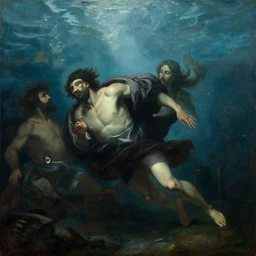painting by caravaggio of manhattan underwater,