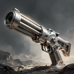 a huge futuristic sci fi gatling gun., smooth, intricate, elegant, power aura, digital painting, artstation, concept art, sharp focus, illustration, art by josan gonzalez, high contrast