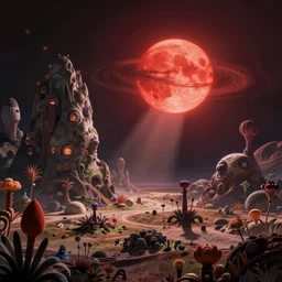 a fantastical landscape on an alien planet with a red dwarf as sun, alien flora, artstation