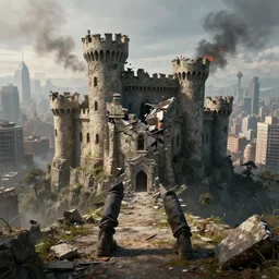 crumbling old castle with legs moving towards a dense cityscape, smoke and sirens in the distance, digital art, hyperrealism