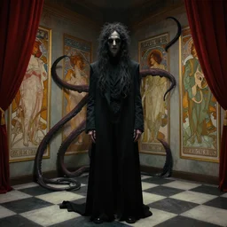 extremely detailed movie shot closeup portrait of a dark bizarre figure standing in the corner of a checkerboard checkerboard room by denis villenueve, arnold bocklin, lovecraft, amano, alphonse mucha, franz von stuck, david lynch, tentacles, dynamic composition, crimson drapes, 4 k details octane render