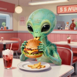 beautiful cute alien, eating a cheeseburger, at a 5 0 s diner, painted by norman rockwell, greg rutkowski, john howe, wlop, artgerm