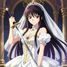 portrait girl in luxurious wedding dress holding a sword, long straight hair, colourful, pretty face, cute face, intimidating expression, red eyes, anime by greg rutkowski rossdraws makoto shinkai, adobe illustrator, trending on pixiv, behance