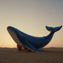 a building that looks like a blue whale on a desert at sunset, by 4 k film still