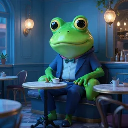 the most beautiful cybercore frog cafe coffee shop, casual elegant suit, blue low - light photography, angelic detail, scene from cannes award winning movie