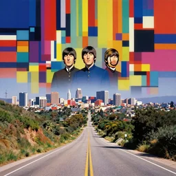 psychedelic dream of the Beatles in an abstract background by Mondrian viewed from Mulholland drive
