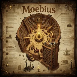 Steampunk library overview mapa design, Moebius, Greg Rutkowski, Zabrocki, Karlkka, Jayison Devadas, Phuoc Quan, trending on Artstation, 8K, ultra wide angle, pincushion lens effect