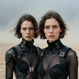 cinestill 5 0 d photographic portrait by helen levitt of a female android couple wearing rugged black mesh techwear on a desolate plain, extreme closeup, modern cyberpunk, dust storm, 8 k, hd, high resolution, 3 5 mm, f / 3 2, ultra realistic faces, ex machina