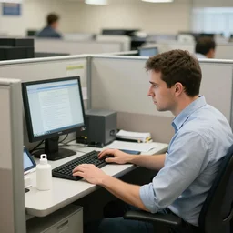 it man that works at a copier company, sitting in a cubical, he is staring at the monitor with a sad expression, customers are idiots, 4 k