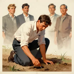 farmer kneeling down putting a seed in the soil, limited neutral palette, by petros afshar, anton fadeev, dean ellis hsiao - ron cheng, beautiful graphic full body portrait, propaganda poster art 1 9 6 0 s illustrated advertising art, painterly character design