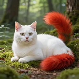 white cat with fluffy red tail like fox tail lying at sunny forest, high detailed, hyper realistic, octane engine, miyazaki, ray tracing, leica 8 5 mm