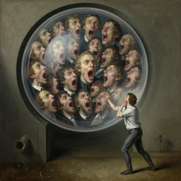 a thousand mouths screaming at a large portal bubble to tiny man, disturbing, uneasy, unsettling, by hieronymus bosch, trending on artstation, trending on nightcafe, by alexander fedosa oil on canvas